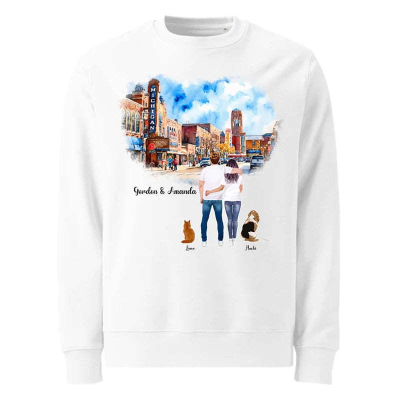Personalized Couple & Pets – Eco-Friendly Sweatshirt | Downtown Ann Arbor