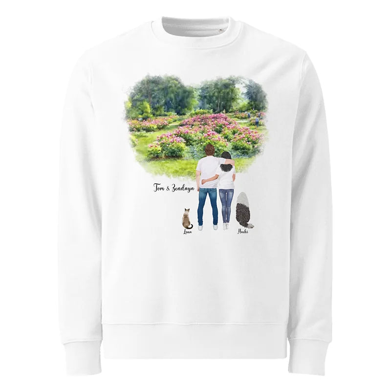 Personalized Couple & Pets – Eco-Friendly Sweatshirt | Peony Garden