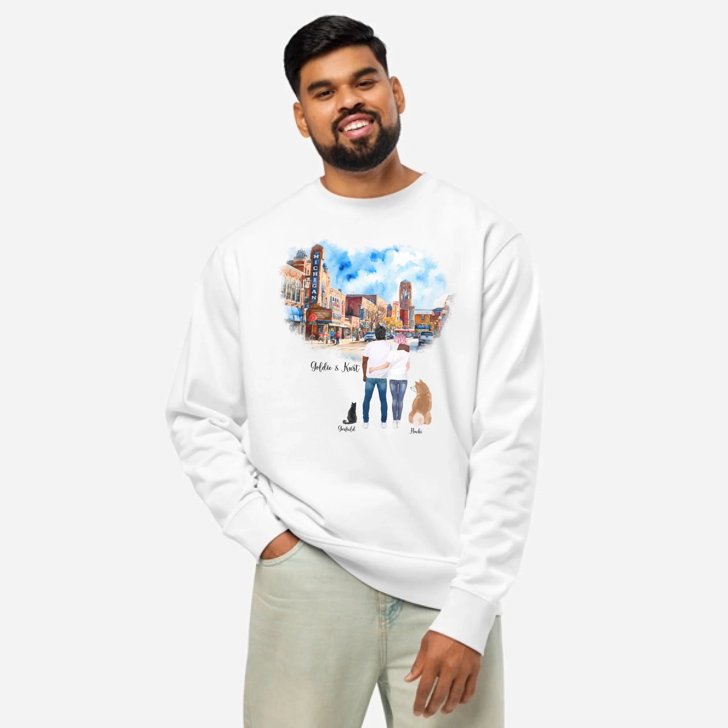 Personalized Couple & Pets – Eco-Friendly Sweatshirt | Downtown Ann Arbor