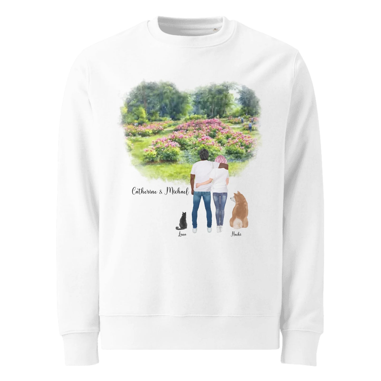 Personalized Couple & Pets – Eco-Friendly Sweatshirt | Peony Garden