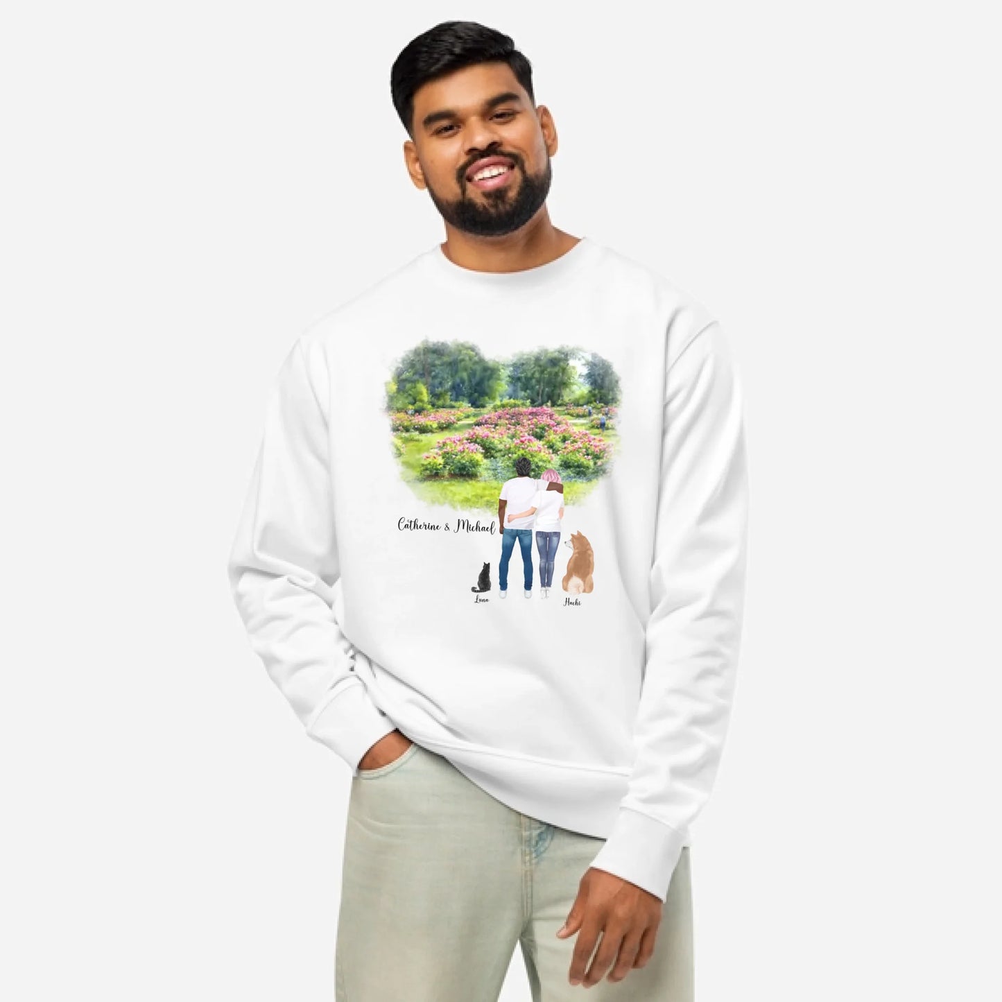 Personalized Couple & Pets – Eco-Friendly Sweatshirt | Peony Garden