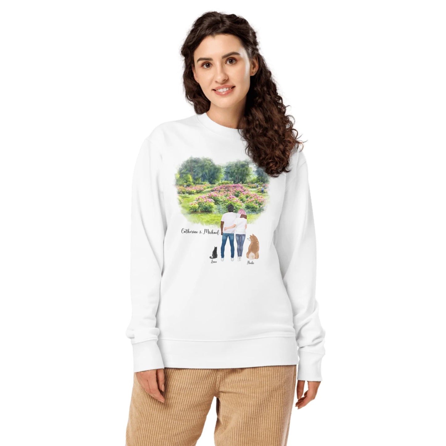 Personalized Couple & Pets – Eco-Friendly Sweatshirt | Peony Garden