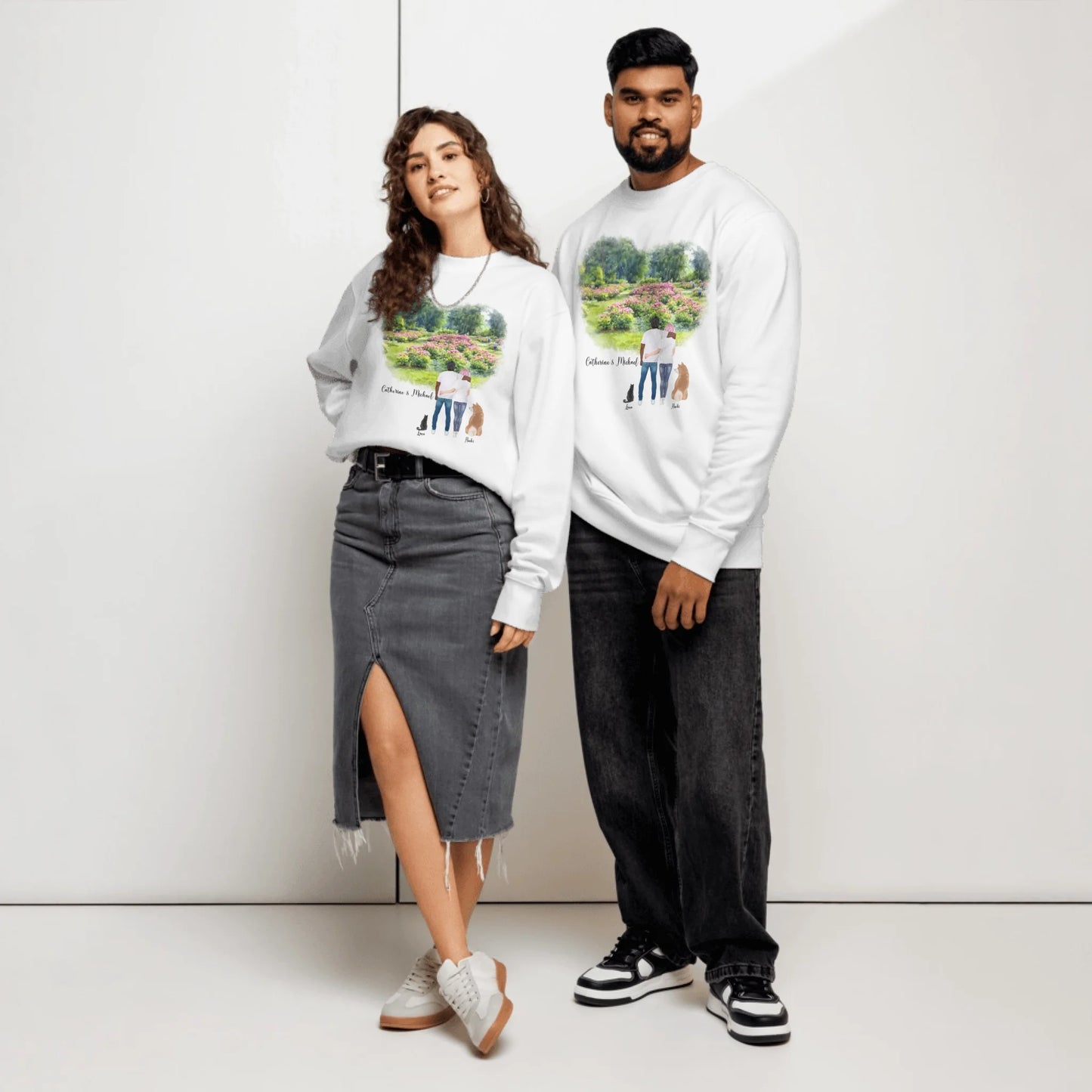 Personalized Couple & Pets – Eco-Friendly Sweatshirt | Peony Garden