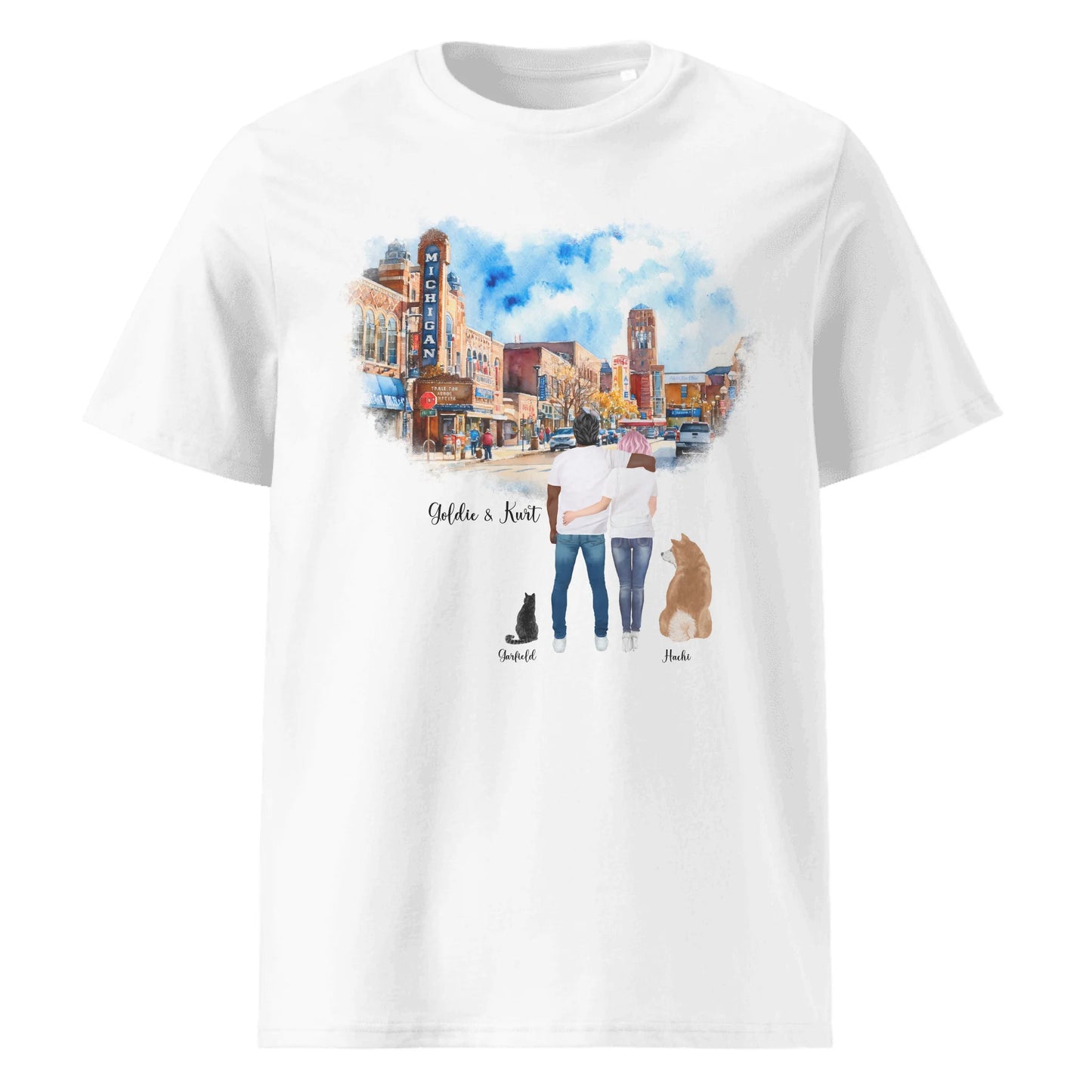 Personalized Couple & Pets – Organic Cotton T-Shirt | Downtown Ann Arbor
