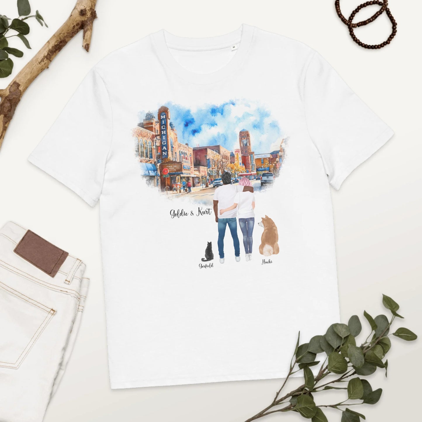 Personalized Couple & Pets – Organic Cotton T-Shirt | Downtown Ann Arbor