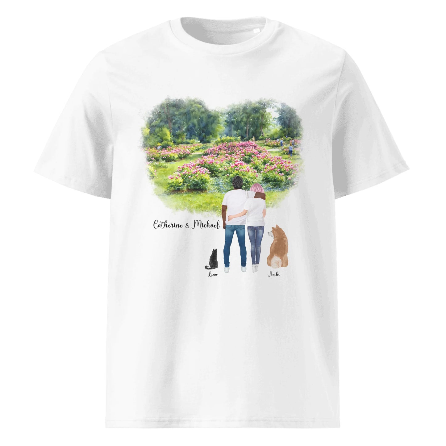 Personalized Couple & Pets – Organic Cotton T-Shirt | Peony Garden