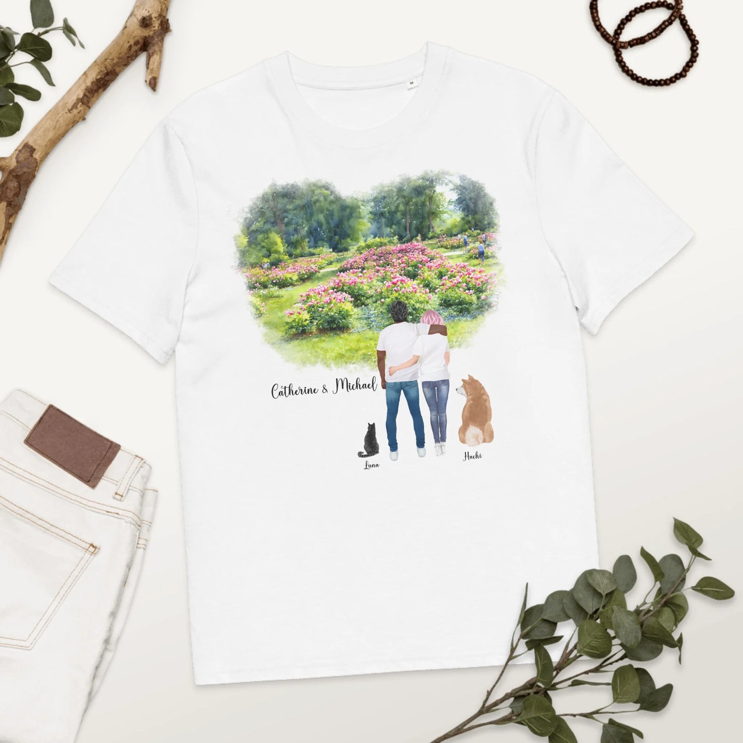 Personalized Couple & Pets – Organic Cotton T-Shirt | Peony Garden