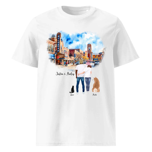 Personalized Couple & Pets – Organic Cotton T-Shirt | Downtown Ann Arbor