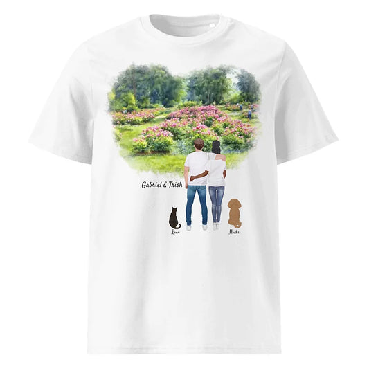 Personalized Couple & Pets – Organic Cotton T-Shirt | Peony Garden