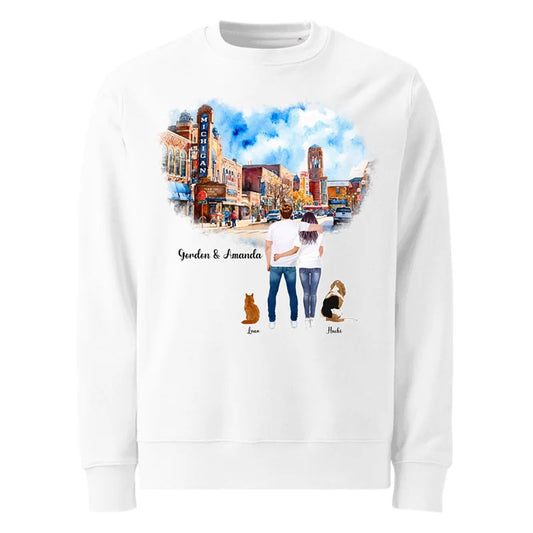 Personalized Couple & Pets – Eco-Friendly Sweatshirt | Downtown Ann Arbor