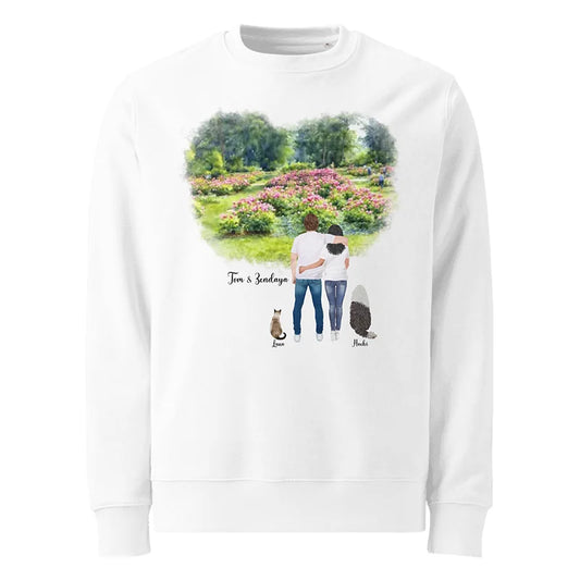 Personalized Couple & Pets – Eco-Friendly Sweatshirt | Peony Garden
