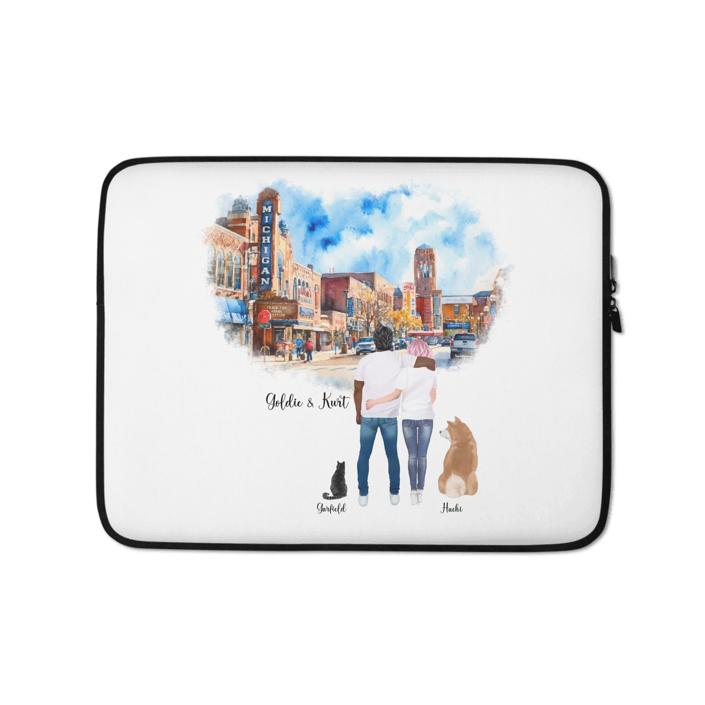 Personalized Couple & Pets – Laptop Sleeve | Downtown Ann Arbor