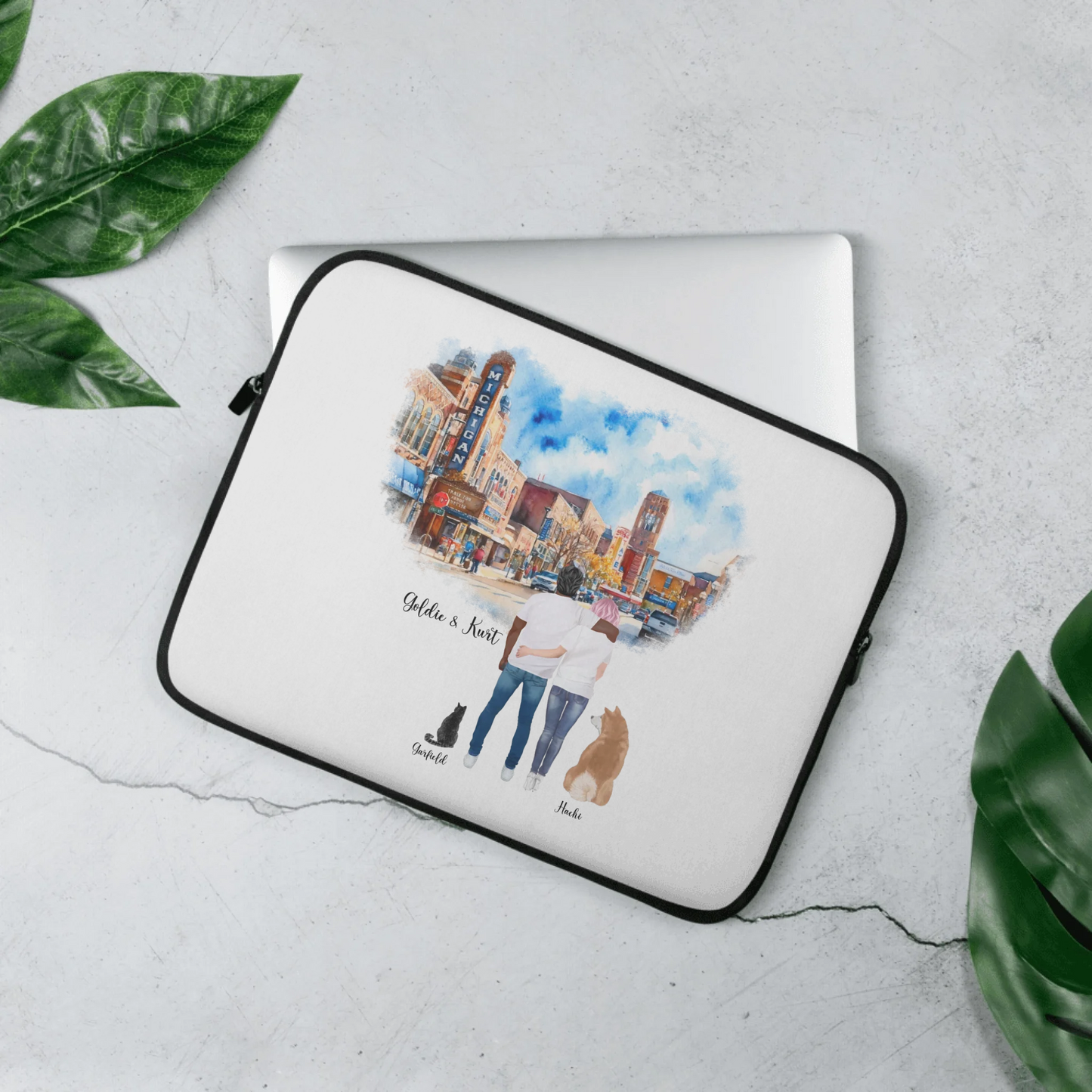 Personalized Couple & Pets – Laptop Sleeve | Downtown Ann Arbor