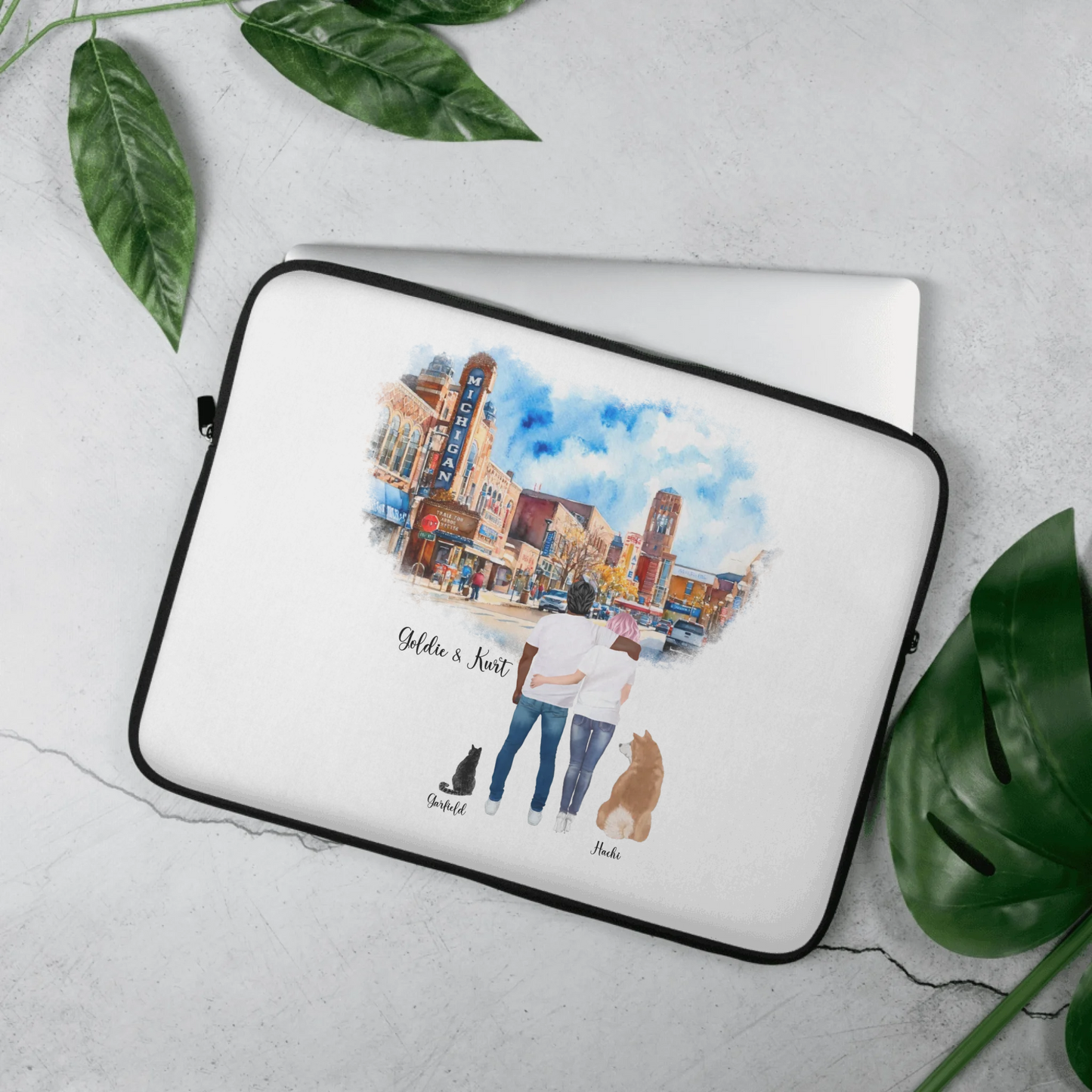 Personalized Couple & Pets – Laptop Sleeve | Downtown Ann Arbor