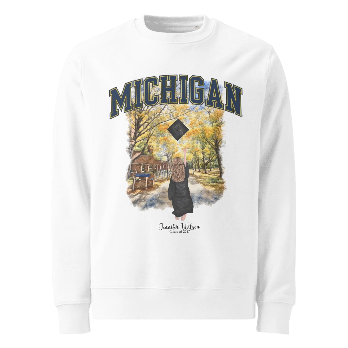 Personalized Michigan Graduation Girl – Eco-Friendly Sweatshirt | North Campus